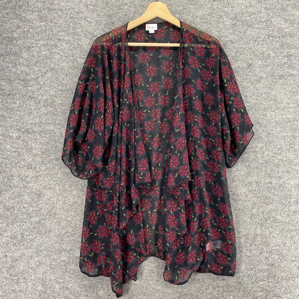 LulaRoe Top Women L Large Black Floral Open Front Short Sleeve Sheer Casual